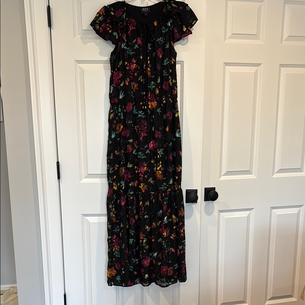 Black Floral Ruffled Tiered Maxi Dress with Flutter Sleeves